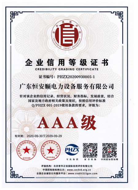 China GuangDong Heng AnShun Electrical Power Equipment Service Co., Ltd. certificaten